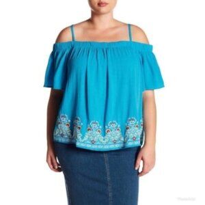 A. Byer Womens Blue Cold Shoulder Short Sleeve Embroidered Blouse Plus Sz 3X New
